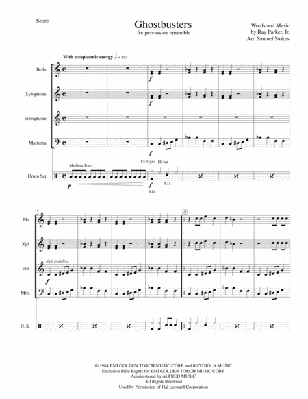 Ghostbusters For Percussion Quintet Bells Xylophone Vibraphone Marimba Drum Set Sheet Music