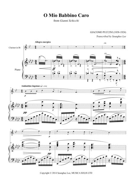 Free Sheet Music Giacomo Puccini O Mio Babbino Caro For Clarinet And Piano Arr Seunghee Lee