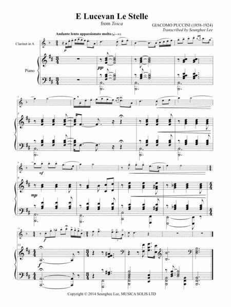 Giacomo Puccini Tosca E Lucevan Le Stelle For Clarinet And Piano Arr Seunghee Lee Sheet Music