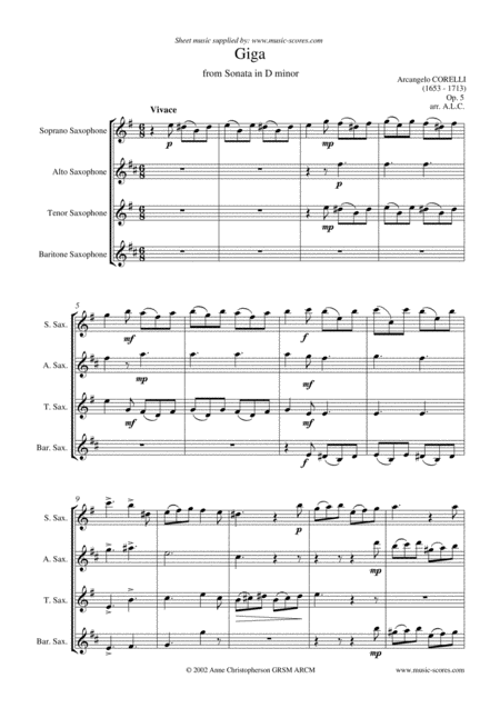 Giga From Corelli Sonata In D Minor Saxophone Quartet Sheet Music