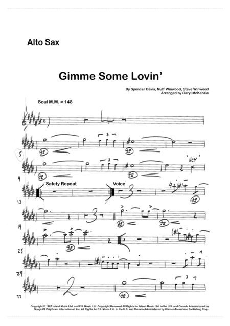 Gimme Some Lovin Vocal With Small Band 4 Horns Key Of E Sheet Music