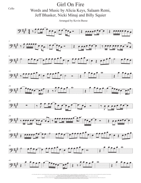 Girl On Fire Cello Original Key Sheet Music