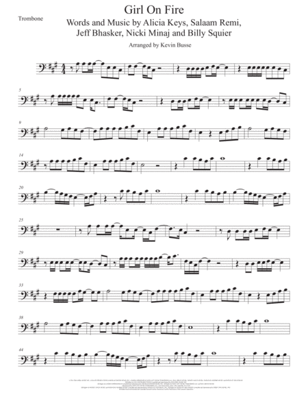 Girl On Fire Trombone Original Key Sheet Music