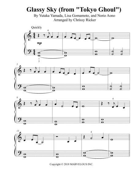 Glassy Sky From Tokyo Ghoul Big Note Piano Sheet Music