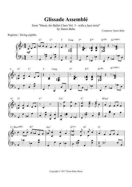 Free Sheet Music Glissade Assembl Ragtime Jazz Style Sheet Music For Ballet Class From Music For Ballet Class Vol 3 With A Jazz Twist By Sren Bebe