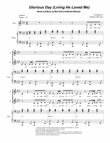 Free Sheet Music Glorious Day Living He Loved Me Duet For Soprano And Alto Solo