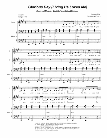 Free Sheet Music Glorious Day Living He Loved Me Duet For Soprano And Tenor Solo