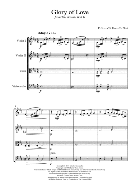 Glory Of Love From Karate Kid Ii String Quartet Sheet Music