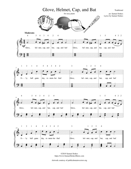 Glove Helmet Cap And Bat Baseball Softball Ort Ball Song For Easy Piano Optional Voice Sheet Music