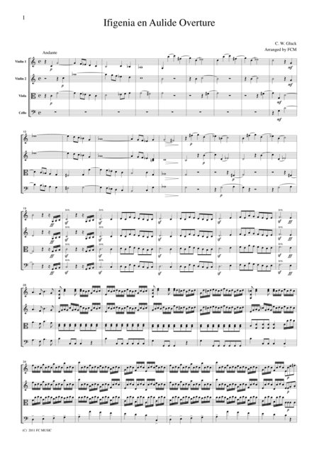 Free Sheet Music Gluck Ifigenia En Aulide Overture For String Quartet Cg303