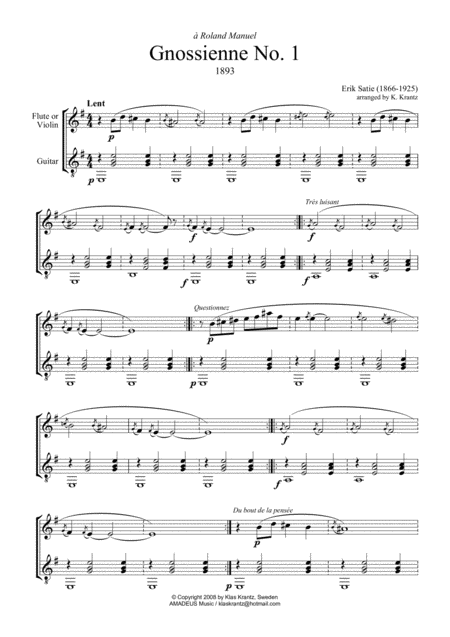 Free Sheet Music Gnossienne 1 2 3 5 For Violin Or Flute Recorder And Guitar