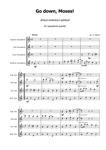 Free Sheet Music Go Down Moses African American Spiritual For Saxophone Quartet Score And Parts