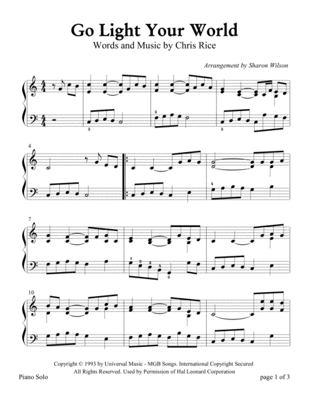 Go Light Your World Easy Piano Solo Sheet Music