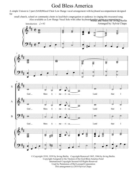 God Bless America Easy Choir Low Range 3 Parts Sab With Keyboard Accompaniment Sheet Music