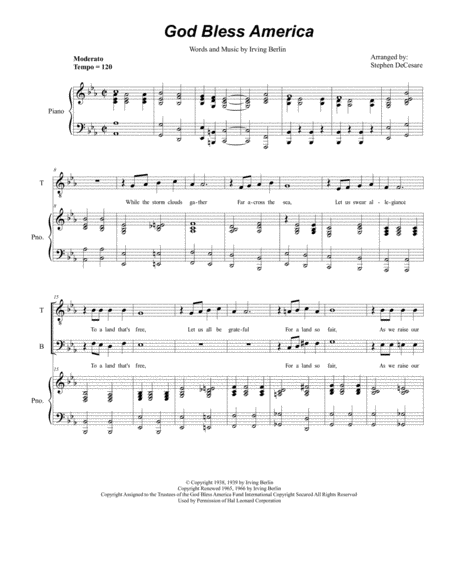 God Bless America For 2 Part Choir Tb Sheet Music