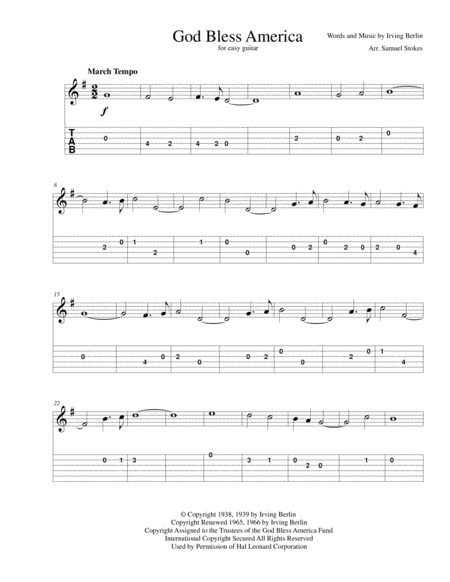 God Bless America For Easy Guitar With Tab Sheet Music