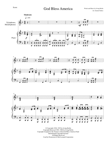 God Bless America For Xylophone Metallophone Ensemble With Piano Sheet Music