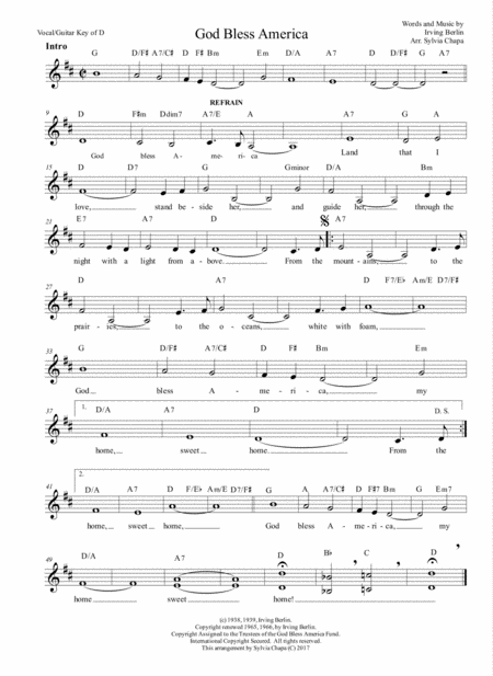 Free Sheet Music God Bless America Guitar Vocal Arranged By Sylvia Chapa