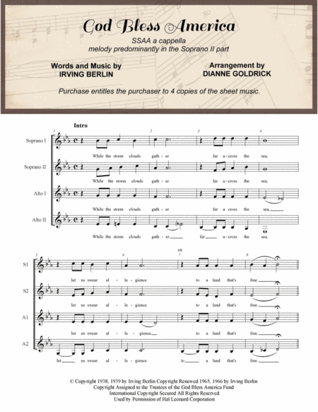 God Bless America Ssaa A Cappella Sheet Music