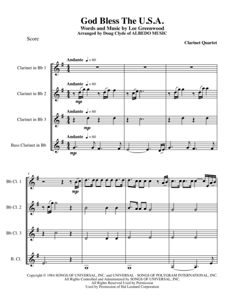 God Bless The Us A For Clarinet Quartet Sheet Music