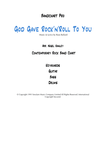 God Gave Rock N Roll To You 4pc Rock Band Chart Sheet Music