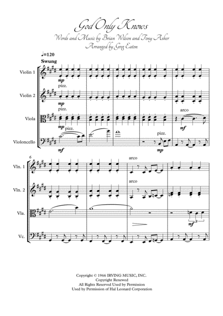 God Only Knows Arranged For String Quartet By Greg Eaton Score And Parts Perfect For Gigging Quartets Sheet Music