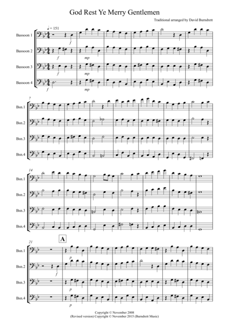 God Rest Ye Merry Gentlemen For Bassoon Quartet Sheet Music