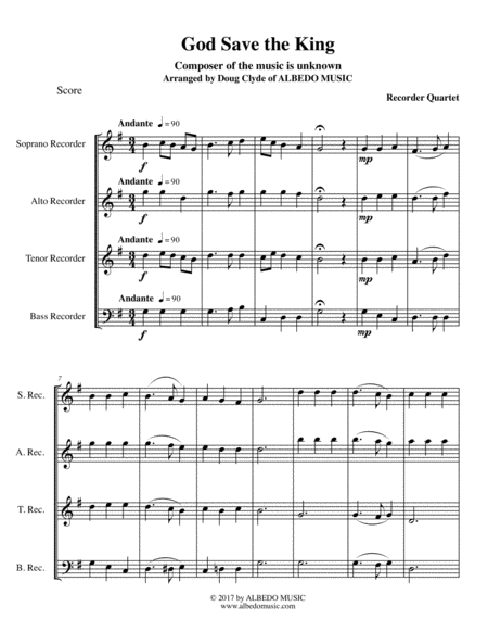 Free Sheet Music God Save The King For Recorder Quartet