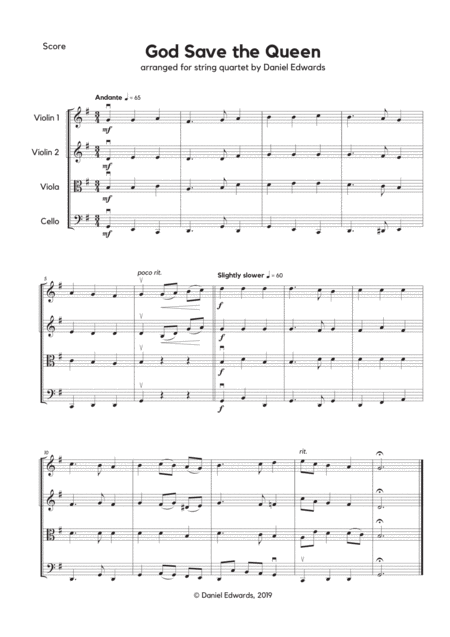 God Save The Queen Uk National Anthem Arranged For String Quartet Sheet Music