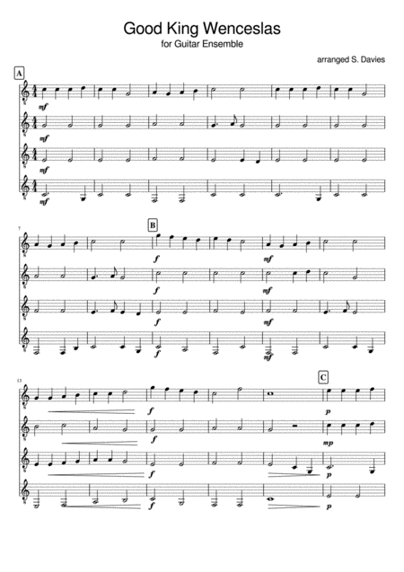 Good King Wenceslas Easy Guitar Ensemble Sheet Music