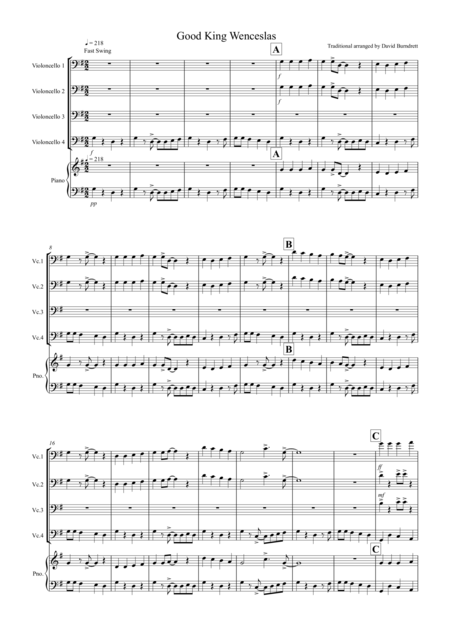 Good King Wenceslas Jazzy Style For Cello Quartet Sheet Music