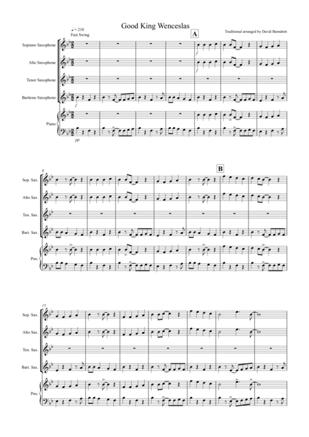 Good King Wenceslas Jazzy Style For Saxophone Quartet Sheet Music