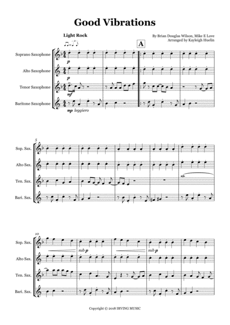 Good Vibrations By The Beach Boys Saxophone Quartet Satb Sheet Music