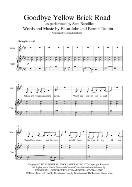 Goodbye Yellow Brick Road Piano Vocal Sara Bareilles Version Sheet Music