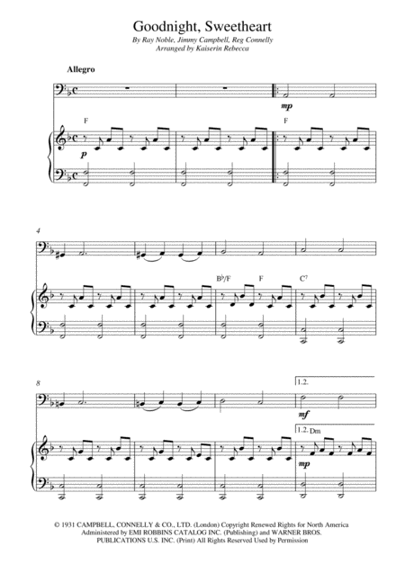 Free Sheet Music Goodnight Sweetheart Cello Solo And Piano Accompaniment