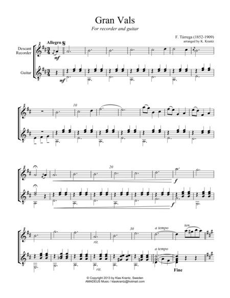 Gran Vals Grand Waltz For Descant Recorder And Guitar Sheet Music