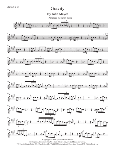 Gravity Clarinet Original Key Sheet Music