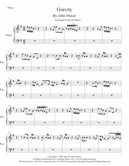 Gravity Piano Original Key Sheet Music