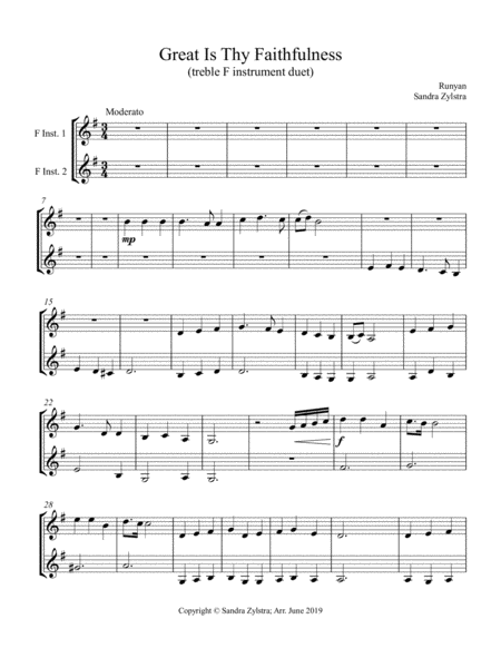 Free Sheet Music Great Is Thy Faithfulness Treble F Instrument Duet Parts Only