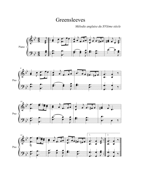 Free Sheet Music Greensleeves English Melody 16th Century For Piano