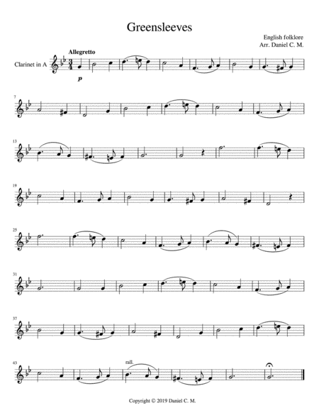 Free Sheet Music Greensleeves For A Clarinet And Piano