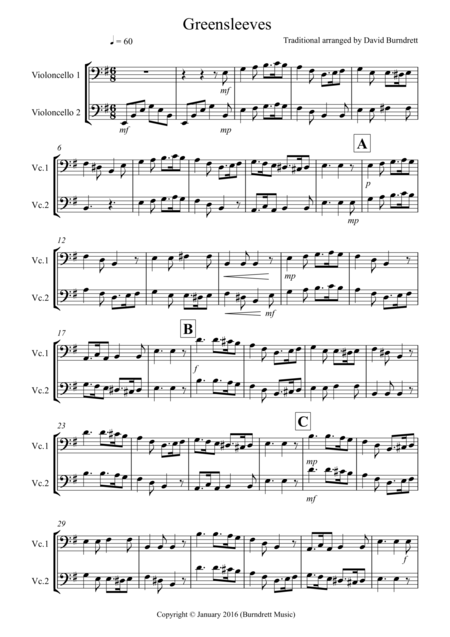 Greensleeves For Cello Duet Sheet Music