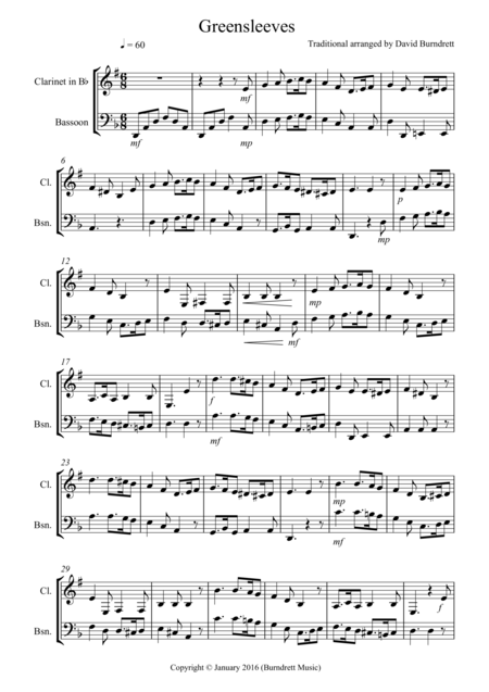 Greensleeves For Clarinet And Bassoon Duet Sheet Music