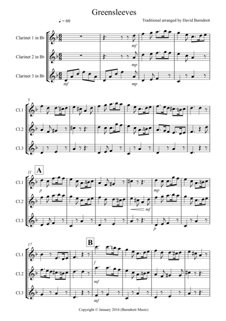 Free Sheet Music Greensleeves For Clarinet Trio