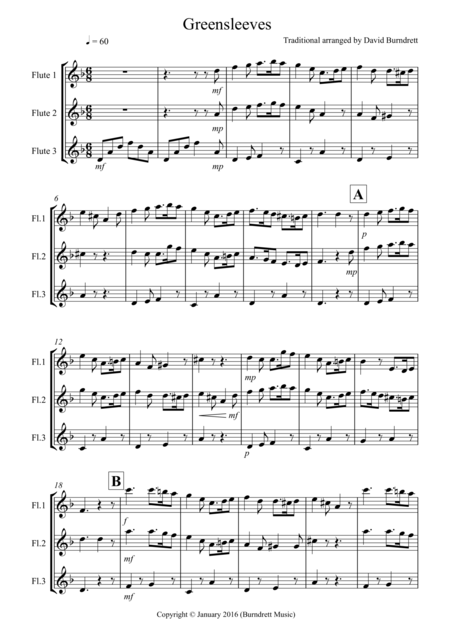 Free Sheet Music Greensleeves For Flute Trio