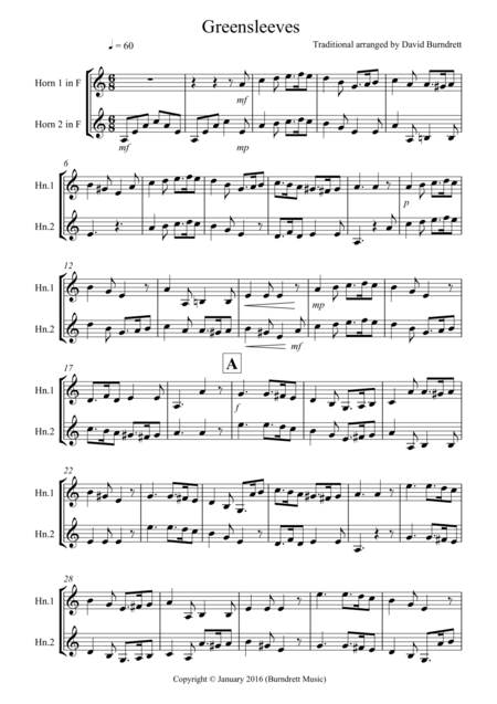 Greensleeves For French Horn Duet Sheet Music