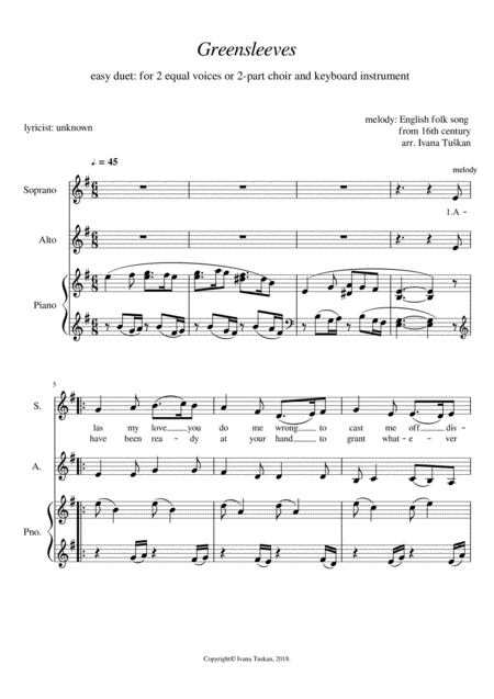 Greensleeves For Sa And Piano E Minor Sheet Music