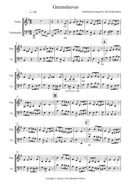 Free Sheet Music Greensleeves For Violin And Cello Duet