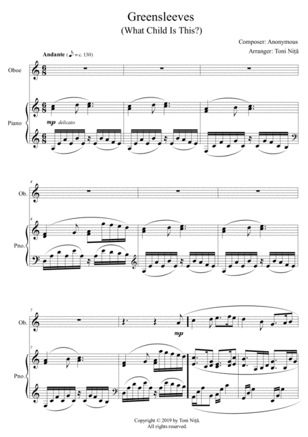 Free Sheet Music Greensleeves What Child Is This Piano Oboe Alternatively Flute Or Recorder