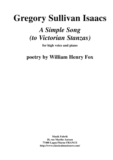 Gregory Sullivan Isaacs A Simple Song To Victorian Stanzas For High Voice And Piano Sheet Music